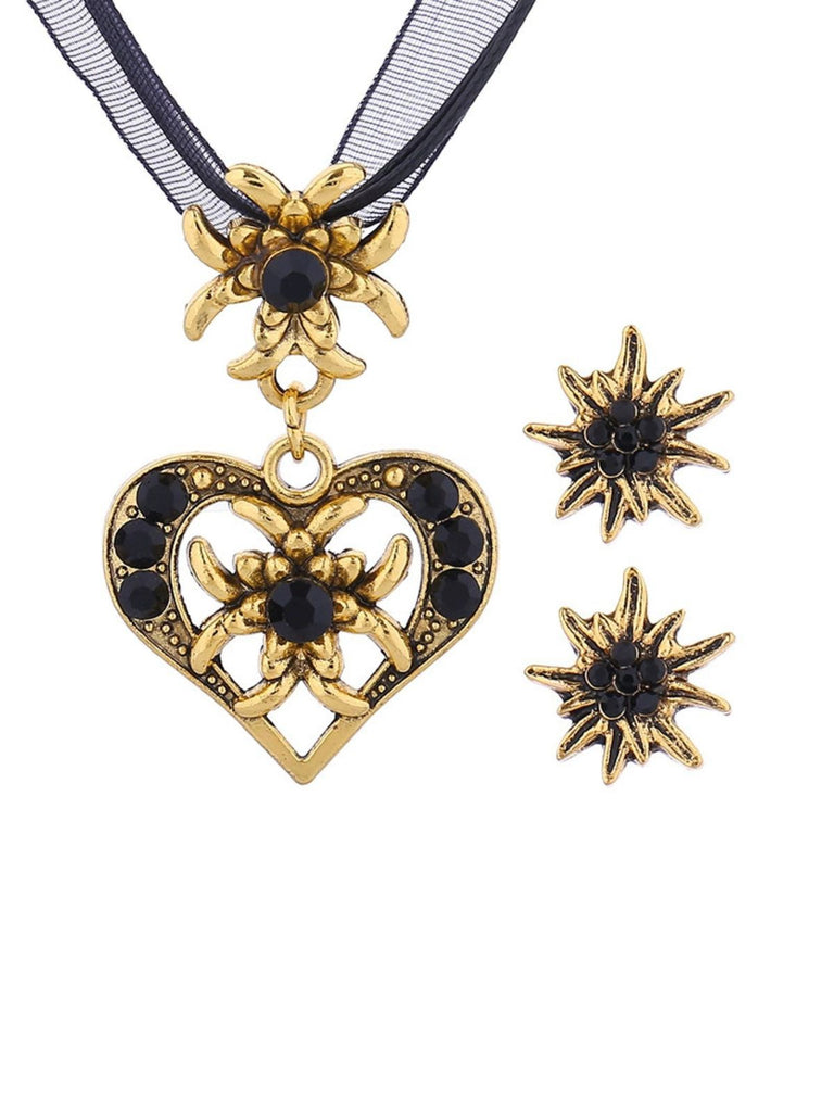 Vintage Rhinestone Edelweiss Heart Ribbon Necklace & Earring Set