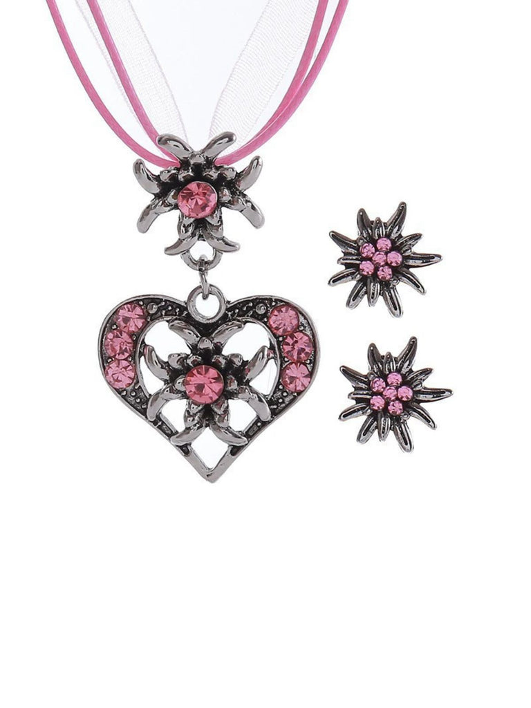Vintage Rhinestone Edelweiss Heart Ribbon Necklace & Earring Set