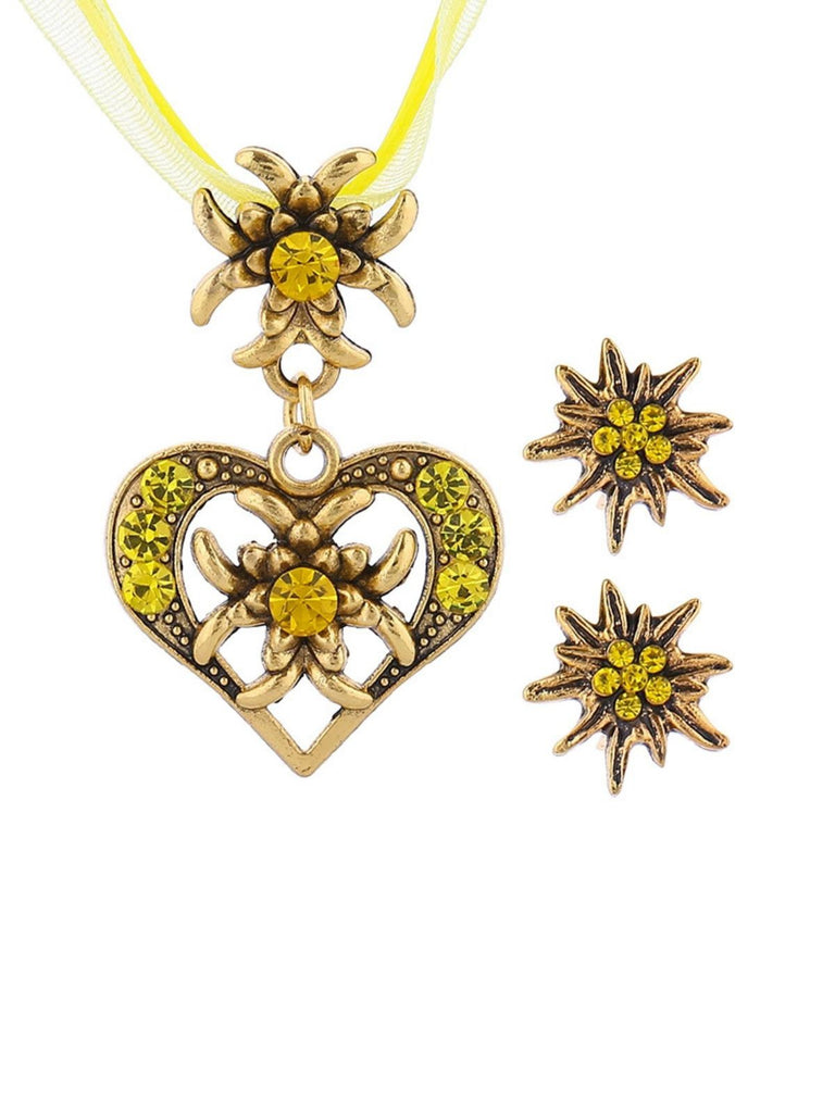 Vintage Rhinestone Edelweiss Heart Ribbon Necklace & Earring Set