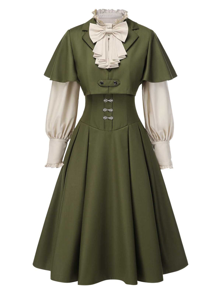 [Pre-Sale] 2PCS Green 1950s Victorian Bow Tie Dress & Cropped Cape
