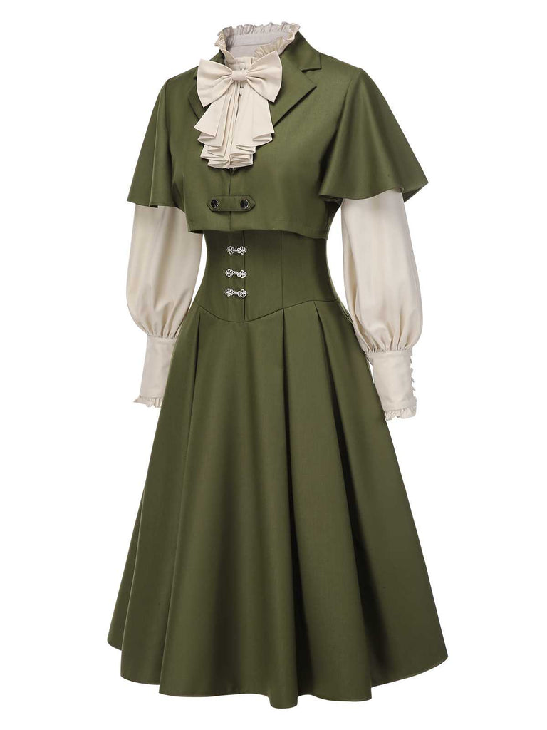 [Pre-Sale] 2PCS Green 1950s Victorian Bow Tie Dress & Cropped Cape