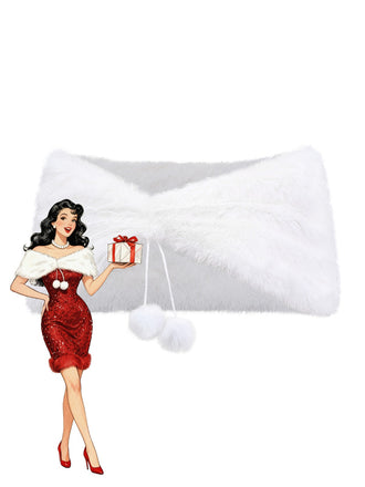 [Pre-Sale] White 1970s Solid Faux Fur Pom Pom Tie Shawl