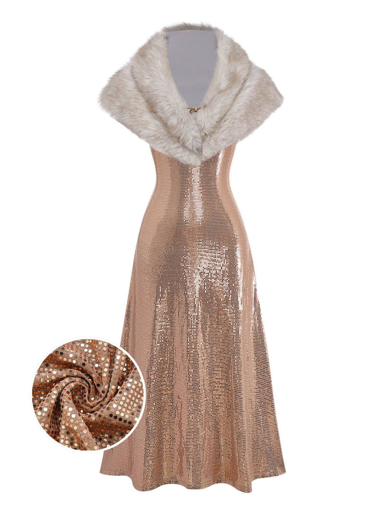 [Pre-Sale] 2PCS Brown 1920s Sequin Dress & Faux Fur Shawl