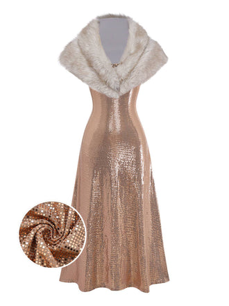 [Pre-Sale] 2PCS Brown 1920s Sequin Dress & Faux Fur Shawl