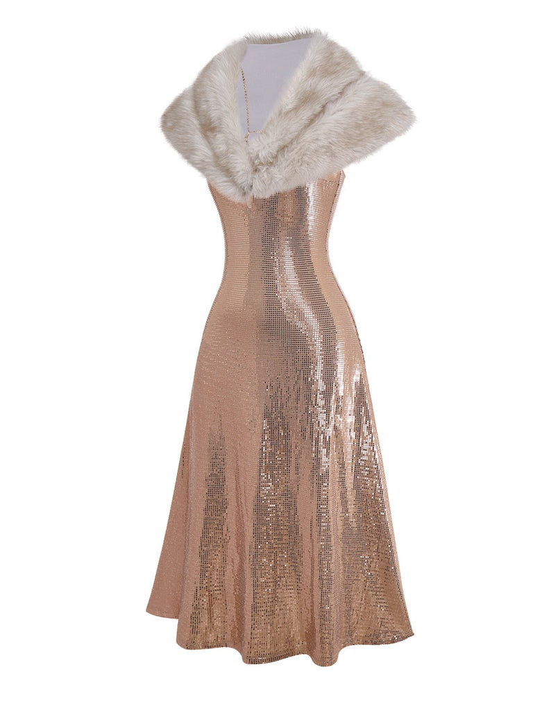 [Pre-Sale] 2PCS Brown 1920s Sequin Dress & Faux Fur Shawl