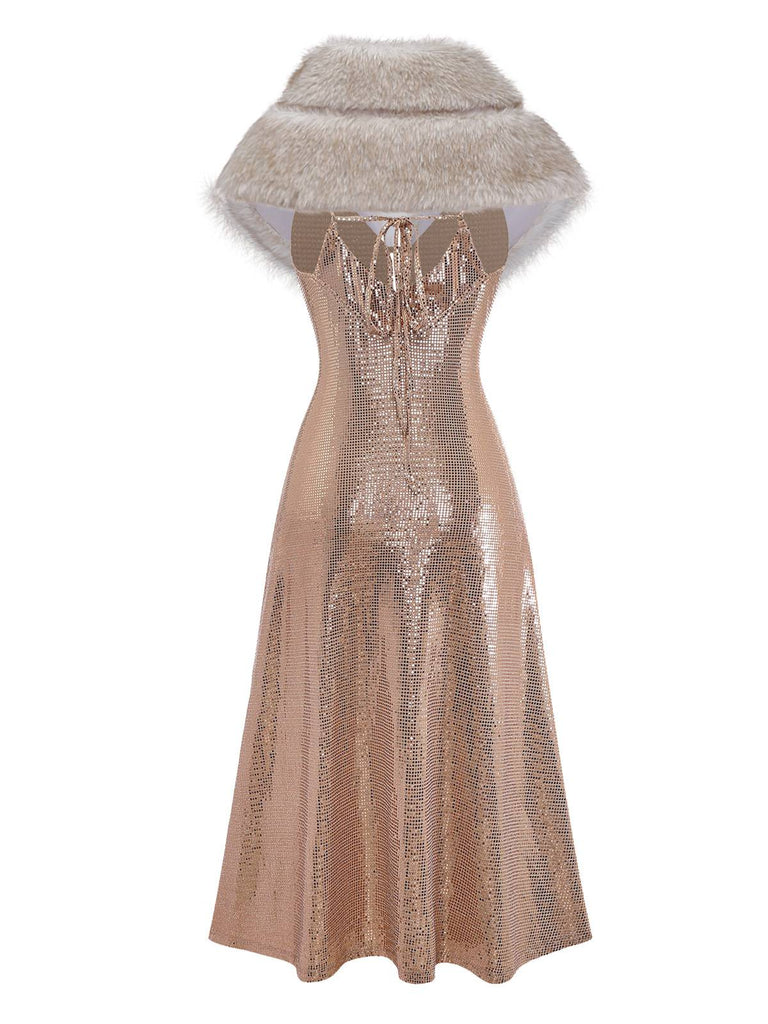 [Pre-Sale] 2PCS Brown 1920s Sequin Dress & Faux Fur Shawl