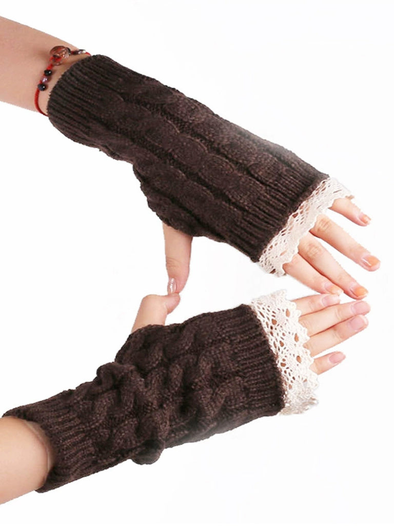Vintage Lace Patchwork Twisted Knit Fingerless Gloves