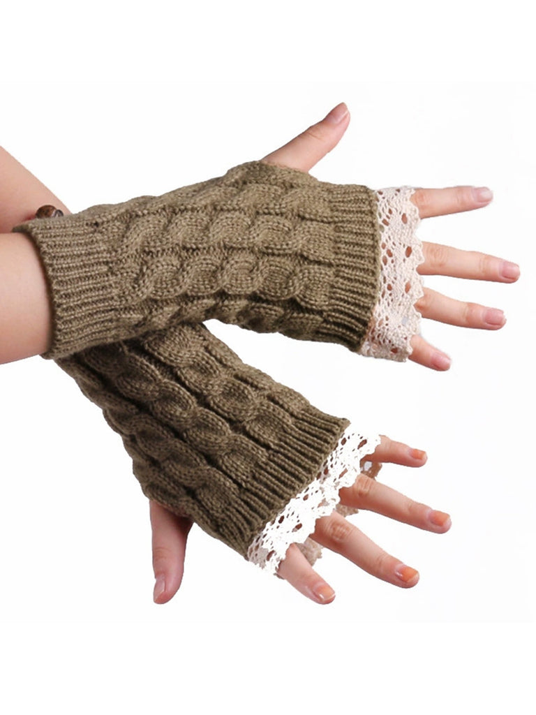 Vintage Lace Patchwork Twisted Knit Fingerless Gloves