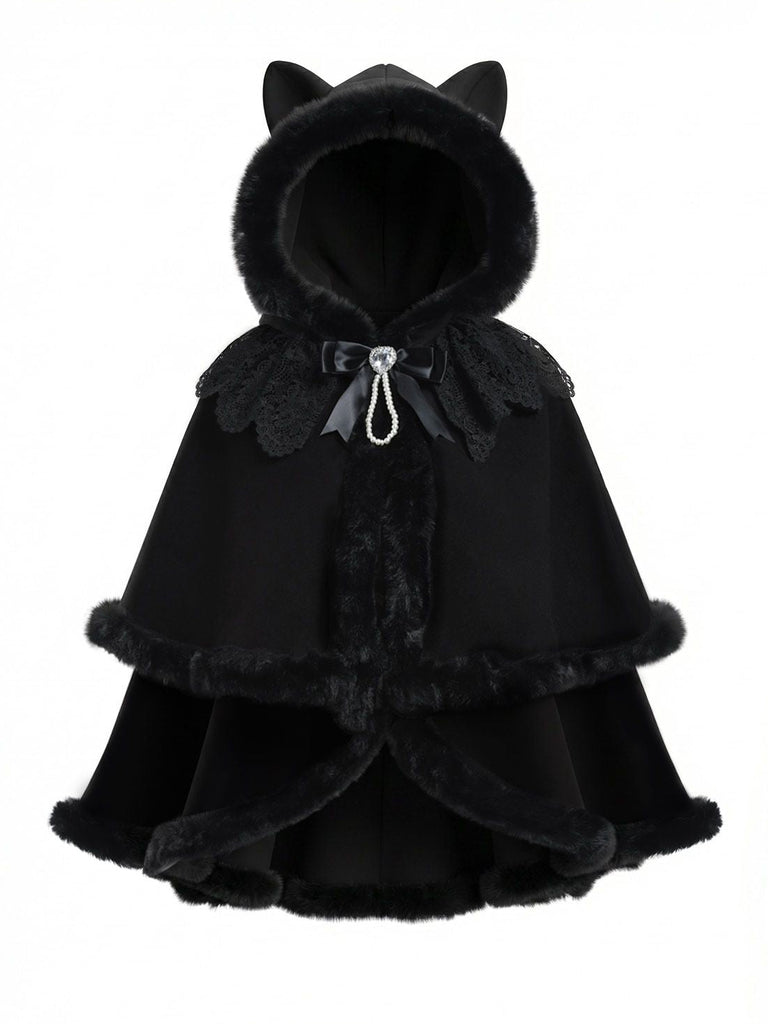 [Pre-Sale] 1960s Black Cat Lace Plush Trim Hooded Cloak