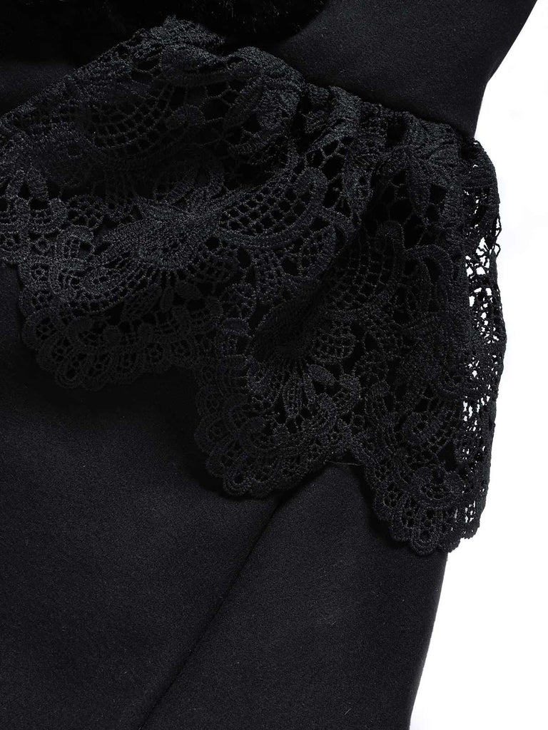 [Pre-Sale] 1960s Black Cat Lace Plush Trim Hooded Cloak