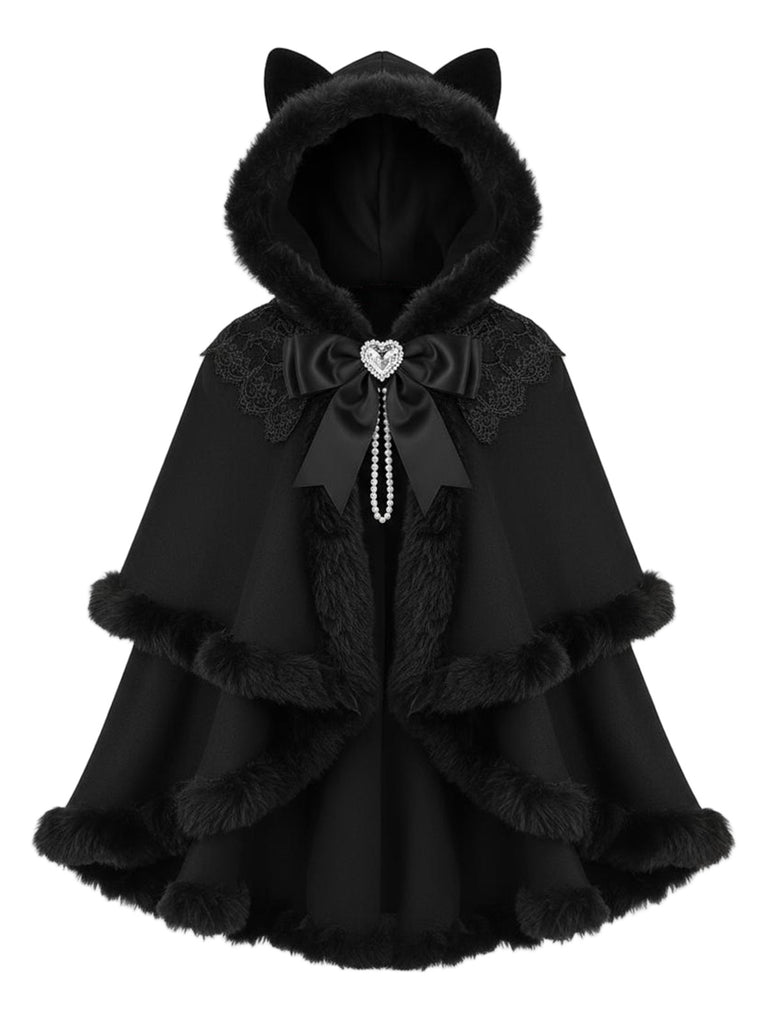 [Pre-Sale] 1960s Black Cat Lace Plush Trim Hooded Cloak