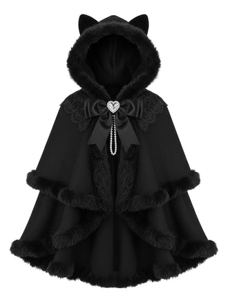 [Pre-Sale] 1960s Black Cat Lace Plush Trim Hooded Cloak