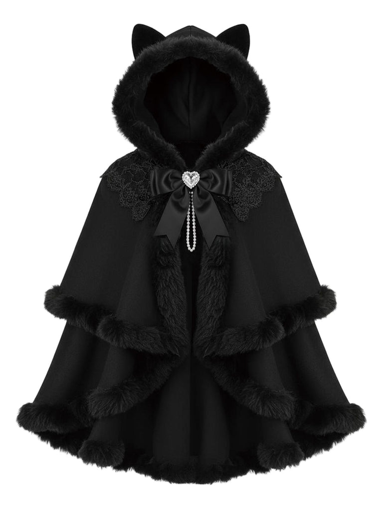 [Pre-Sale] 1960s Black Cat Lace Plush Trim Hooded Cloak