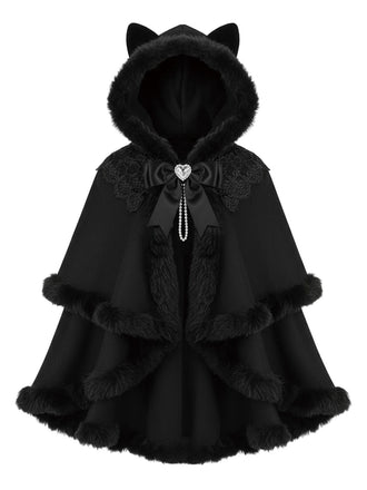 [Pre-Sale] 1960s Black Cat Lace Plush Trim Hooded Cloak