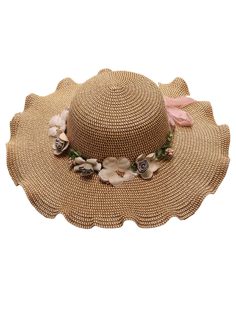 Vintage 3D Floral Raffia Fringe Brim Sun Hat