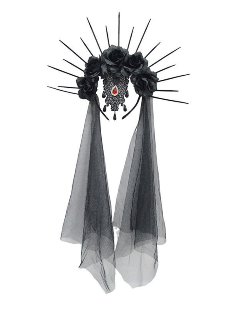 Black Gothic Rose Veil Headpiece with Spikes