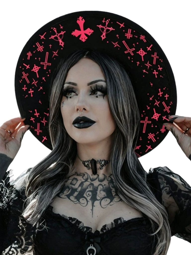 Gothic Witch Hat with Pink Cross Print - 3