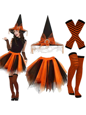 Halloween Witch Hat Striped Stockings Tutu Accessory Set