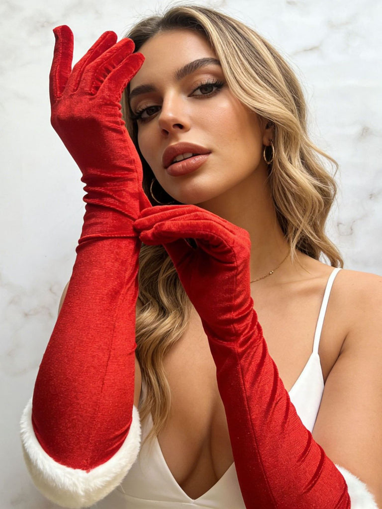 Velvet Feather Trim Over Elbow Gloves 3