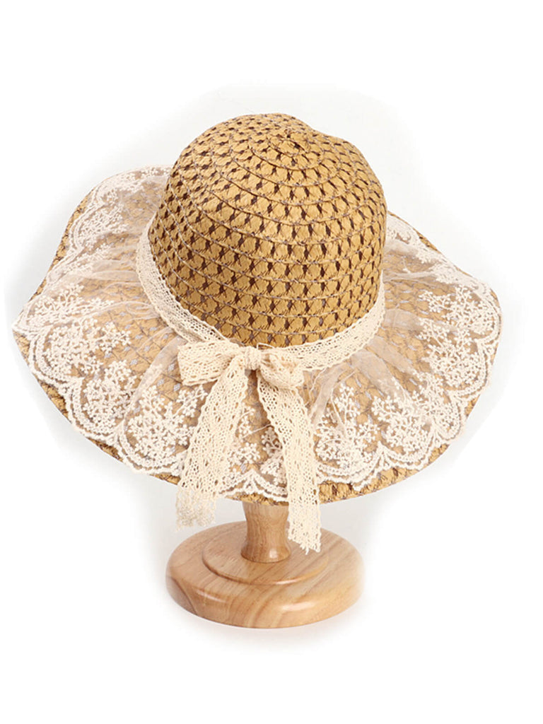 Khaki Lace Bow Sunshade Straw Hat