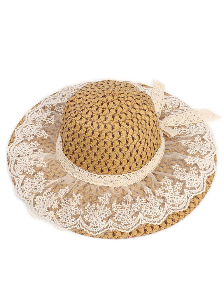 Khaki Lace Bow Sunshade Straw Hat