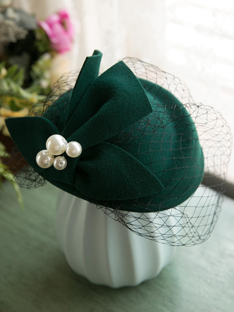 Vintage Pearl Decor Mesh Berets Woolen Hat