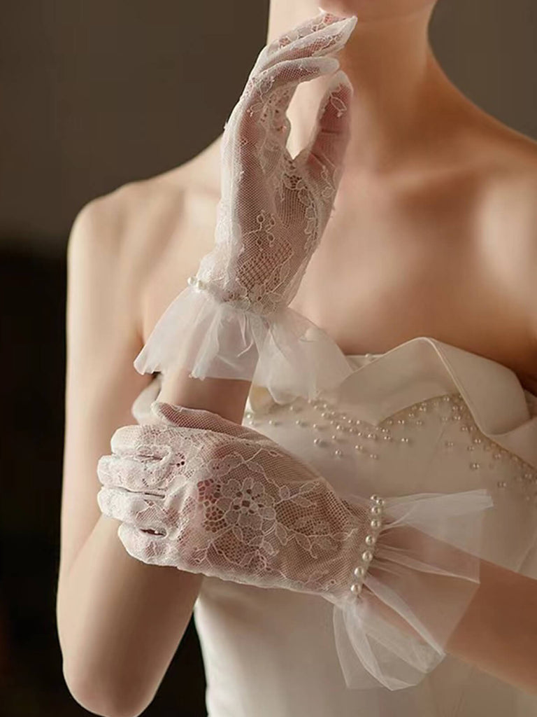 Short Tulle Sheer Lace Pearl Gloves