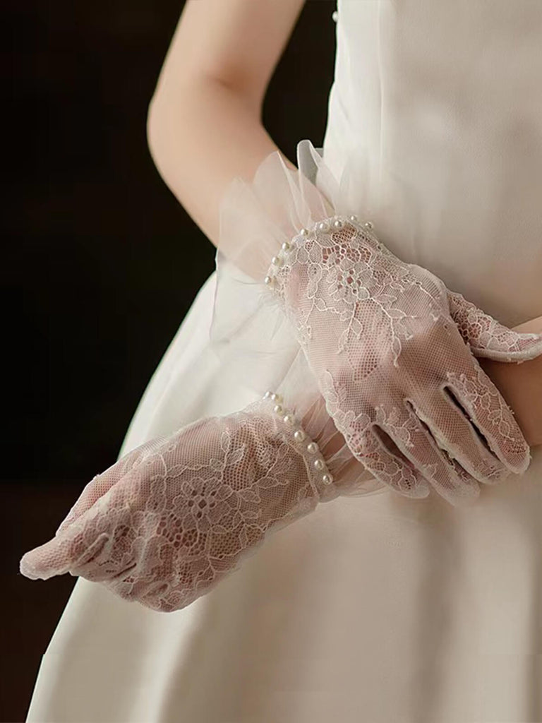 Short Tulle Sheer Lace Pearl Gloves