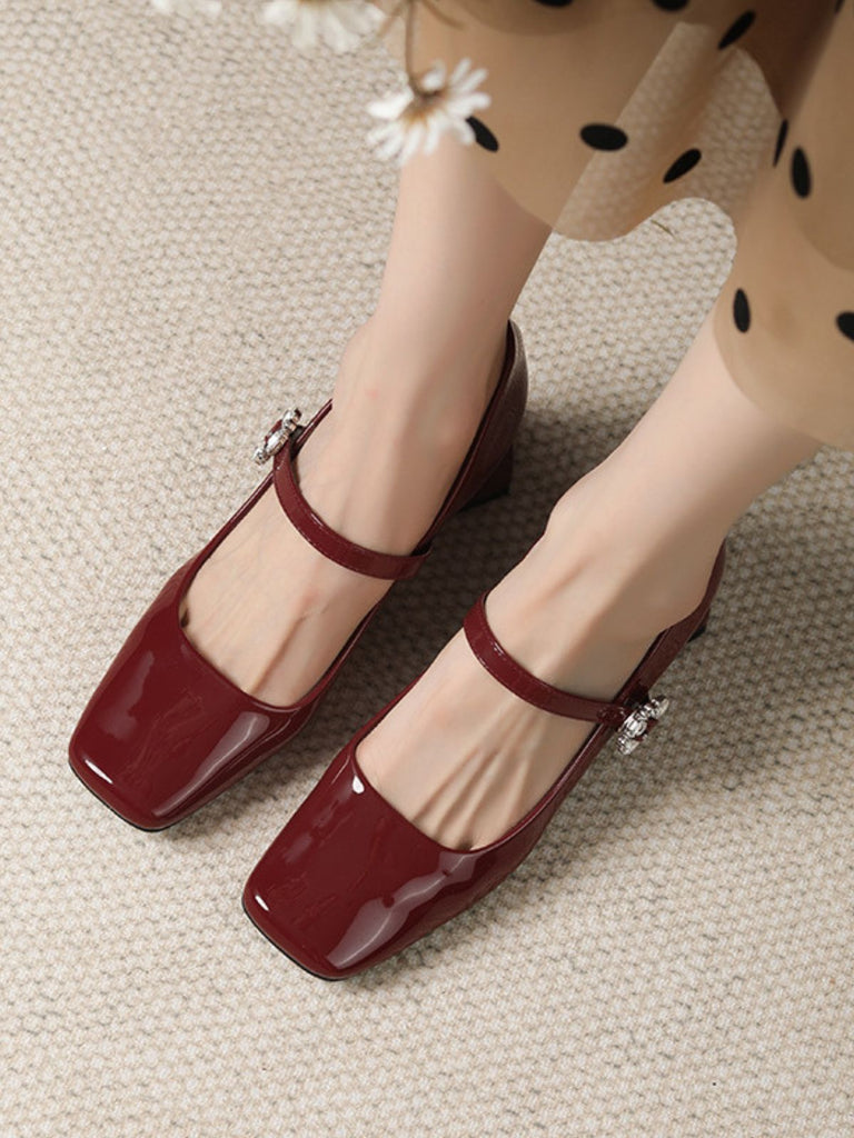 Retro Glossy Leather Chunky Heel Shoes