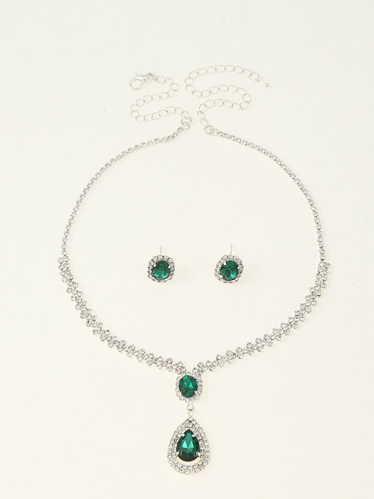 Green Rhinestone Emerald Necklace & Earrings Set