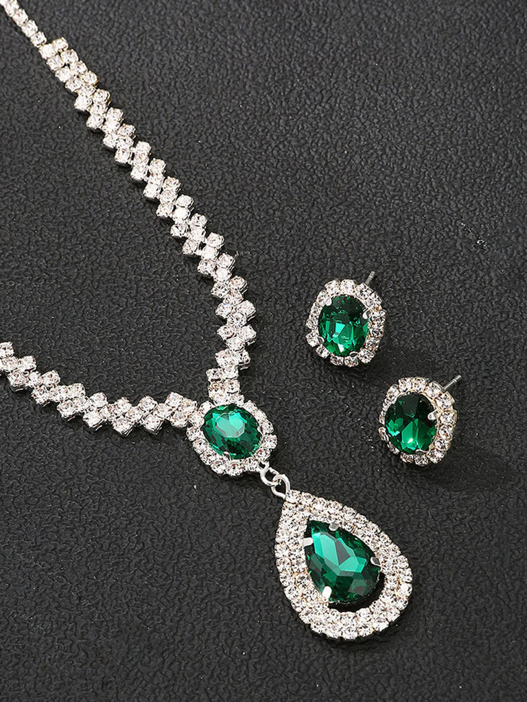 Green Rhinestone Emerald Necklace & Earrings Set
