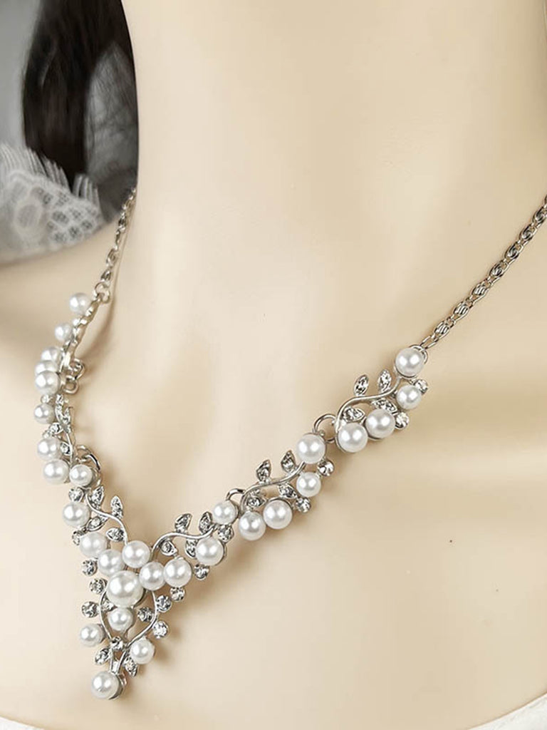 White Pearl Rhinestone Leaves Necklace & Earring Set