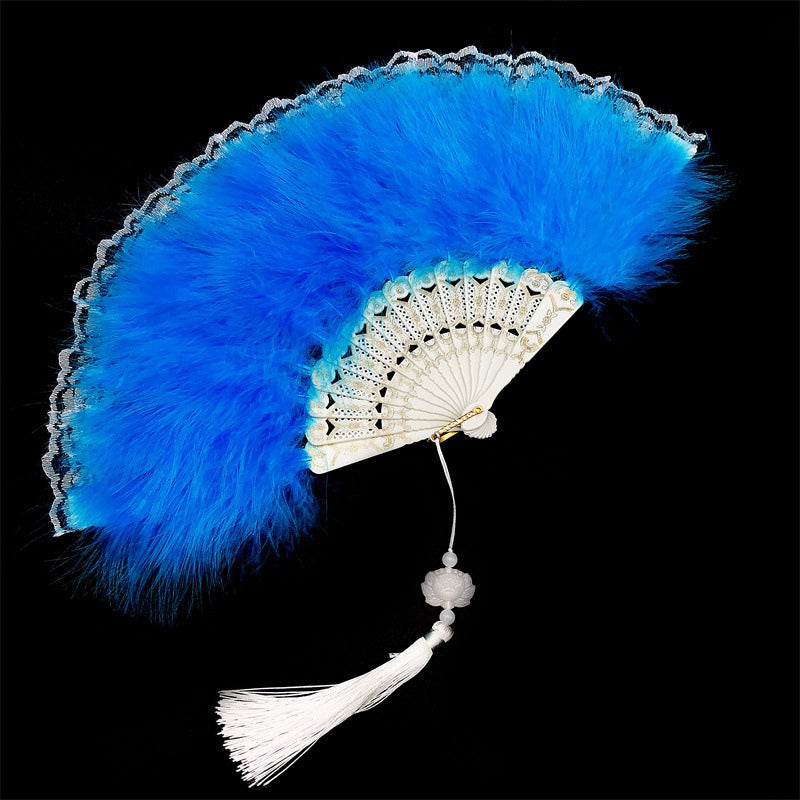 Fluffy Feather Pendants Folding Hand Fan