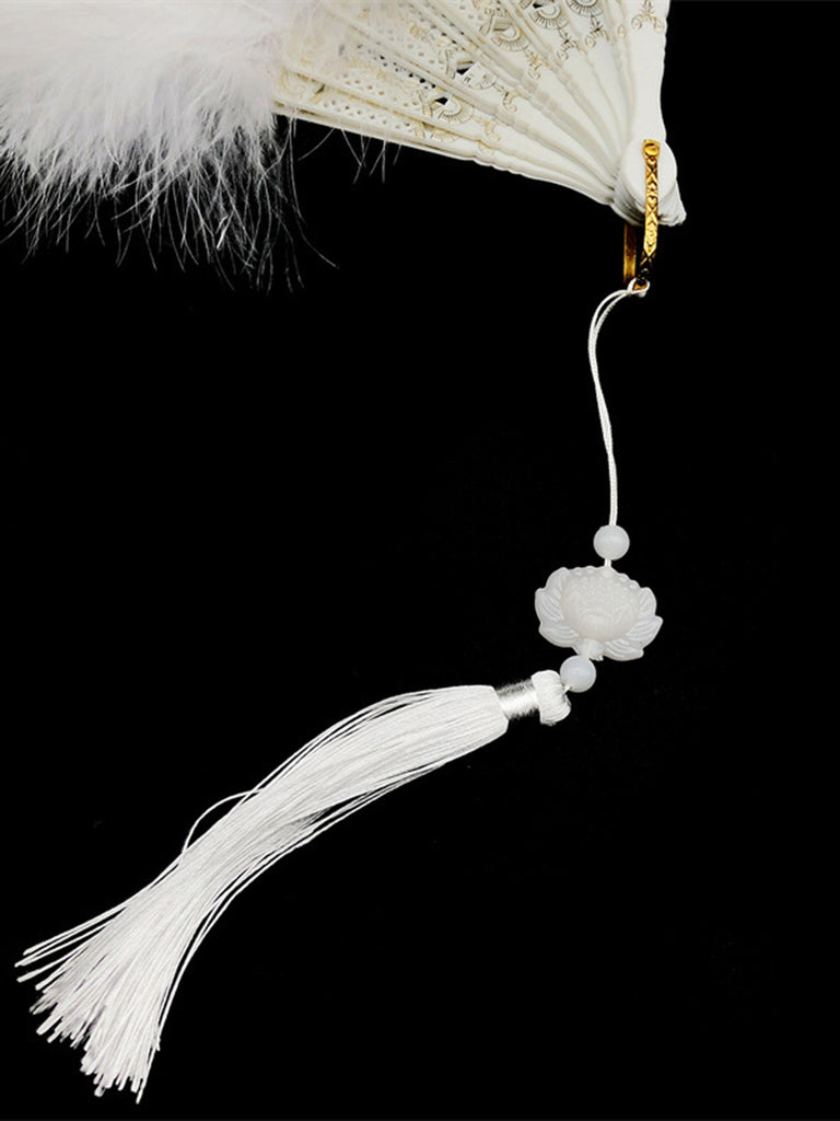 Fluffy Feather Pendants Folding Hand Fan