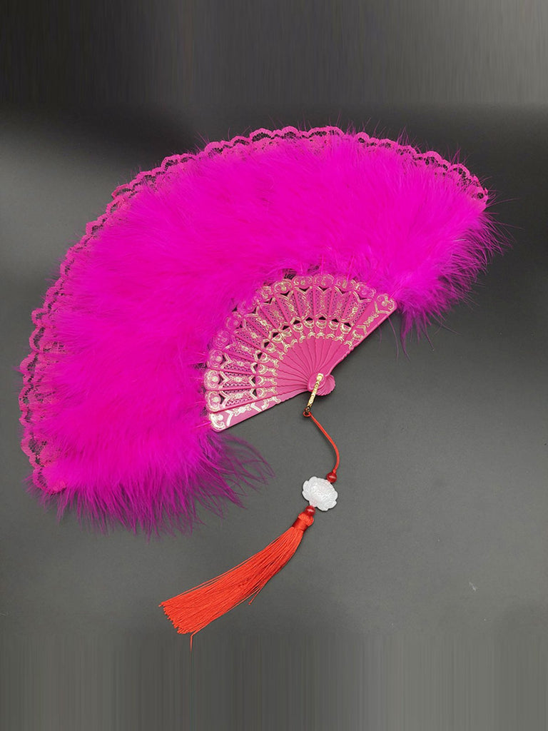 Fluffy Feather Pendants Folding Hand Fan
