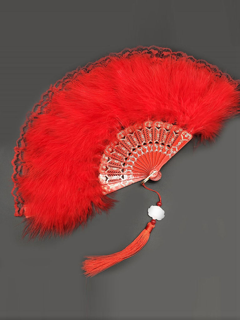 Fluffy Feather Pendants Folding Hand Fan