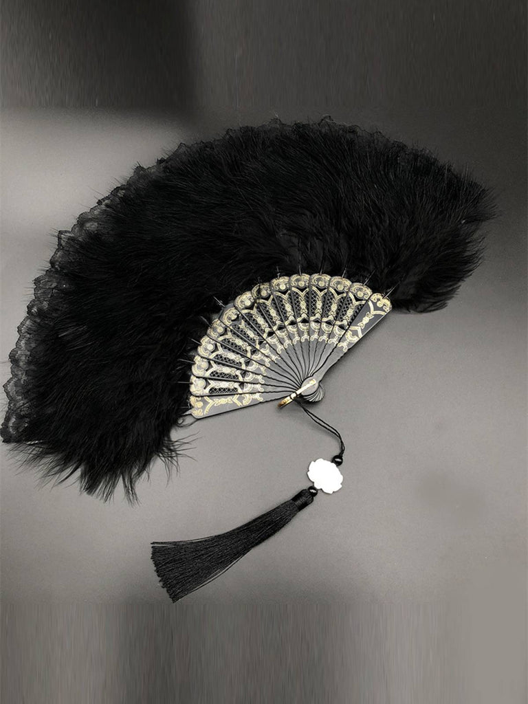 Fluffy Feather Pendants Folding Hand Fan