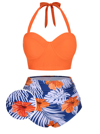 1940s Halter Flowers Pleated Bikini Set