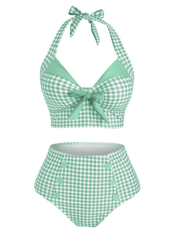 [Pre-Sale] Light Green 1950s Gingham Halter Bowknot Bikini Set