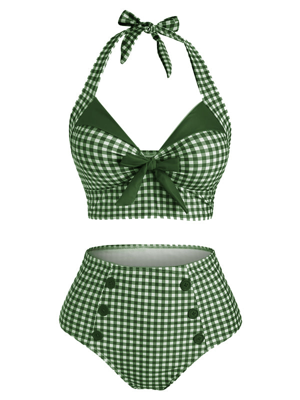 Red 1950s Gingham Halter Bowknot Bikini Set