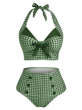 Green 1950s Gingham Halter Bowknot Bikini Set