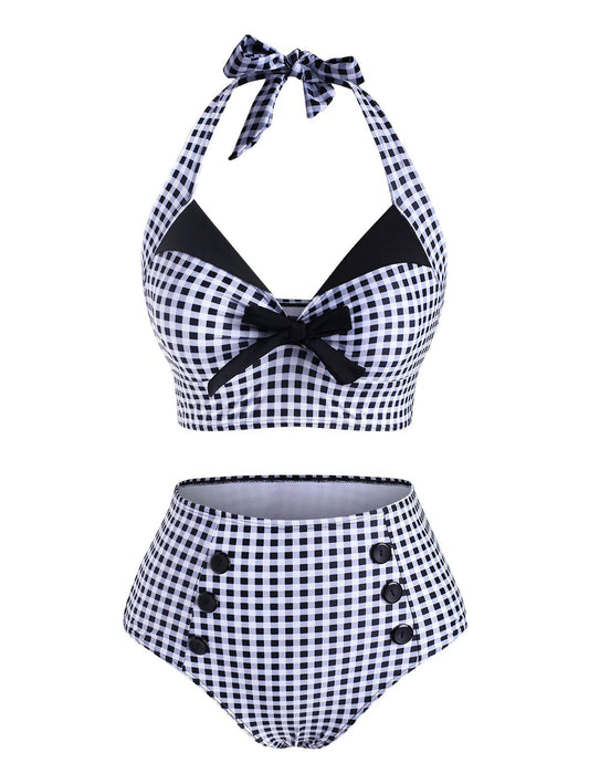 Red 1950s Gingham Halter Bowknot Bikini Set