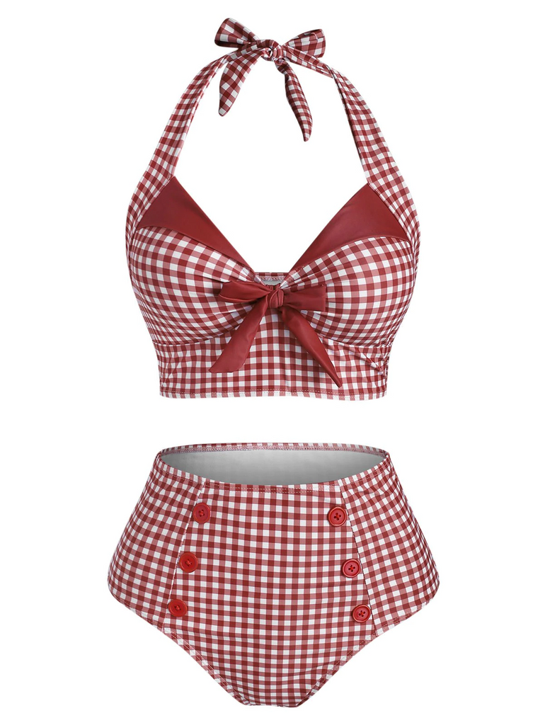 [US Warehouse] Red 1950s Checked Halter Bowknot Bikini Set