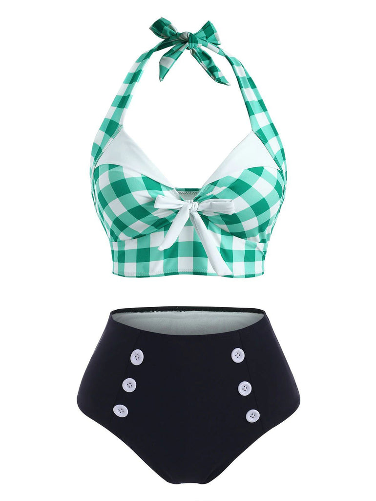 Green Checked Halter Bowknot Bikini Set