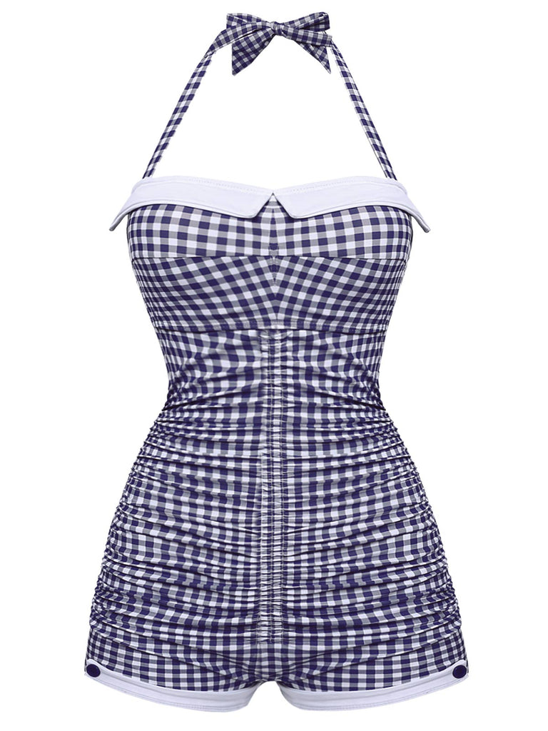 Checked Halter Bowknot One-piece Swimsuit