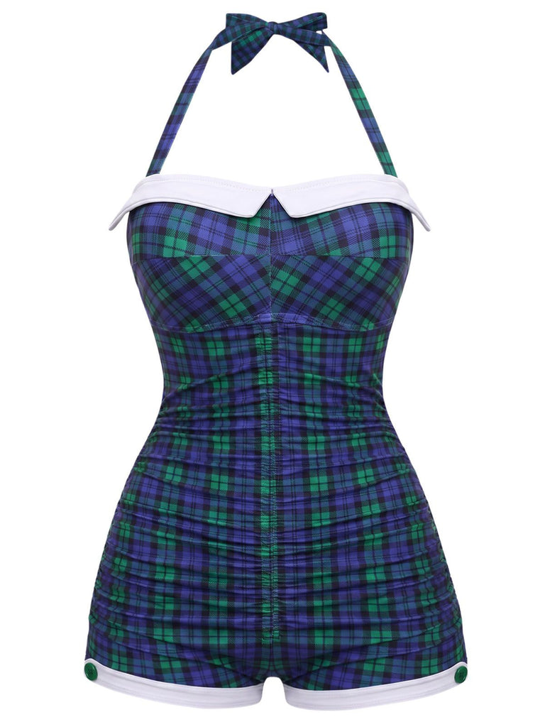 Blue-Green Gingham 1950s Halter Bowknot One-piece Swimsuit, vintage swimsuit, pin-up swimwear - perfect for women who love vintage and retro fashion