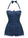 Blue-Green Gingham 1950s Halter Bowknot One-piece Swimsuit, vintage swimsuit, pin-up swimwear - perfect for women who love vintage and retro fashion