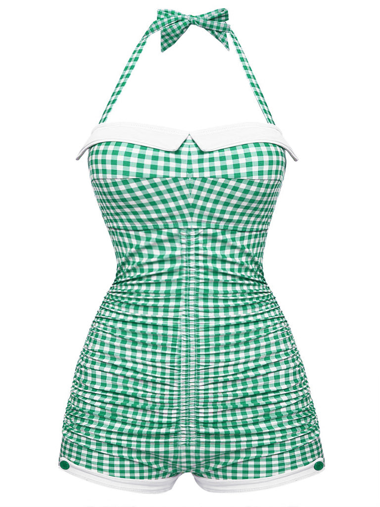 Gingham 1950s Halter Bowknot One-piece Swimsuit Retro Stage