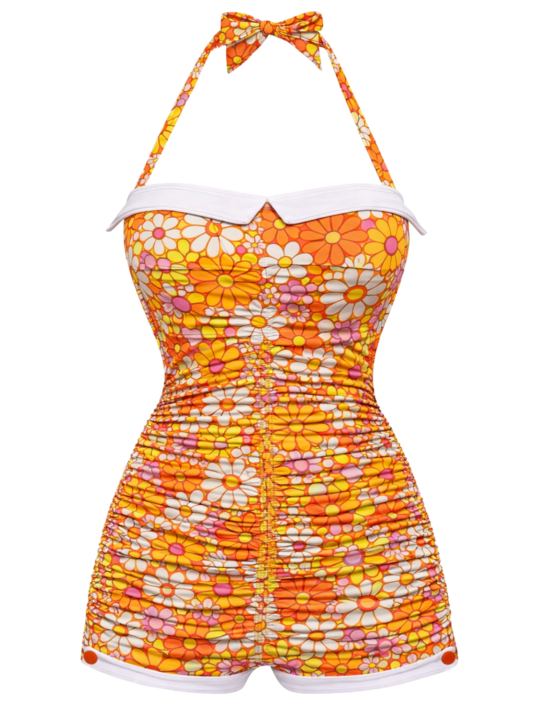 [Pre-Sale] Orange Gingham 1950s Halter Bowknot One-piece Swimsuit