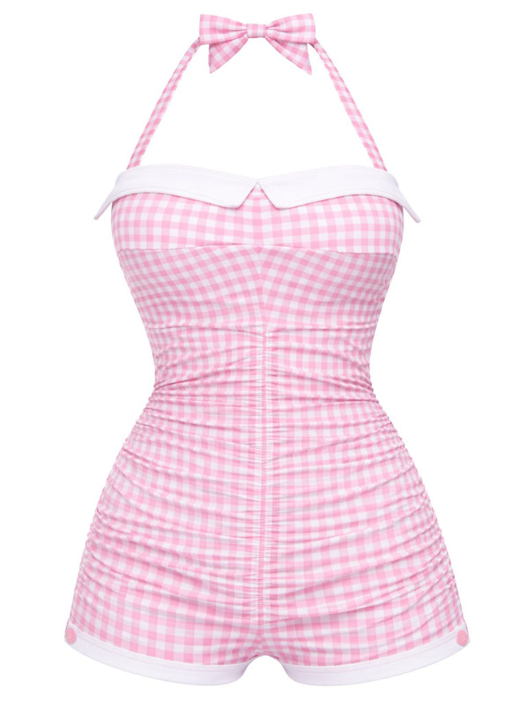 Orange Gingham 1950s Halter Bowknot One-piece Swimsuit, vintage swimsuit, pin-up swimwear - perfect for women who love vintage and retro fashion